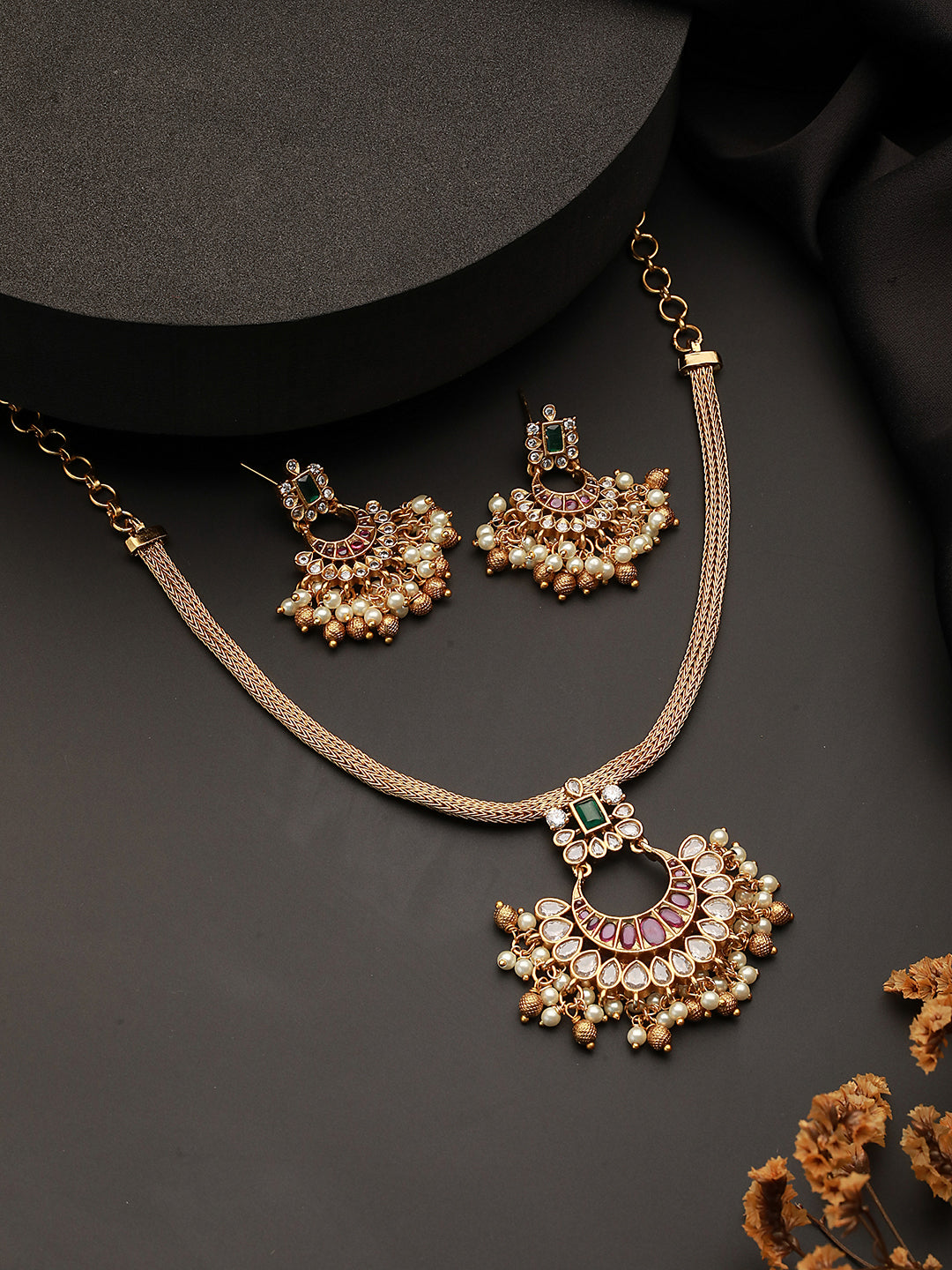 22k Gold Plated Red Kemp Chandbali Chain Necklace  Jewellery Set